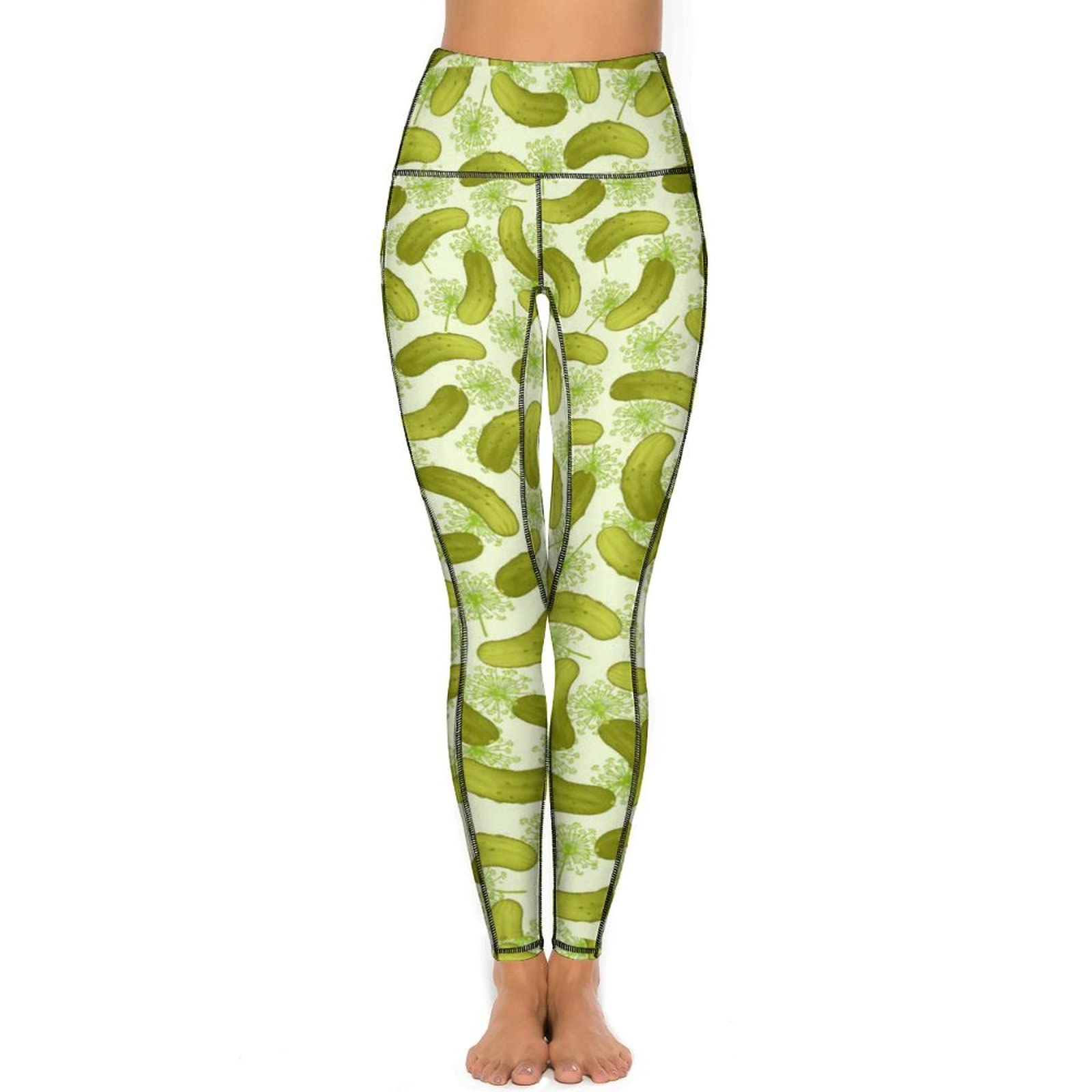 Miherbs Green Dill Pickles Women's High Waisted Yoga Leggings with Pockets Soft Tummy Control Workout Athletic Pants Running Yoga Pants