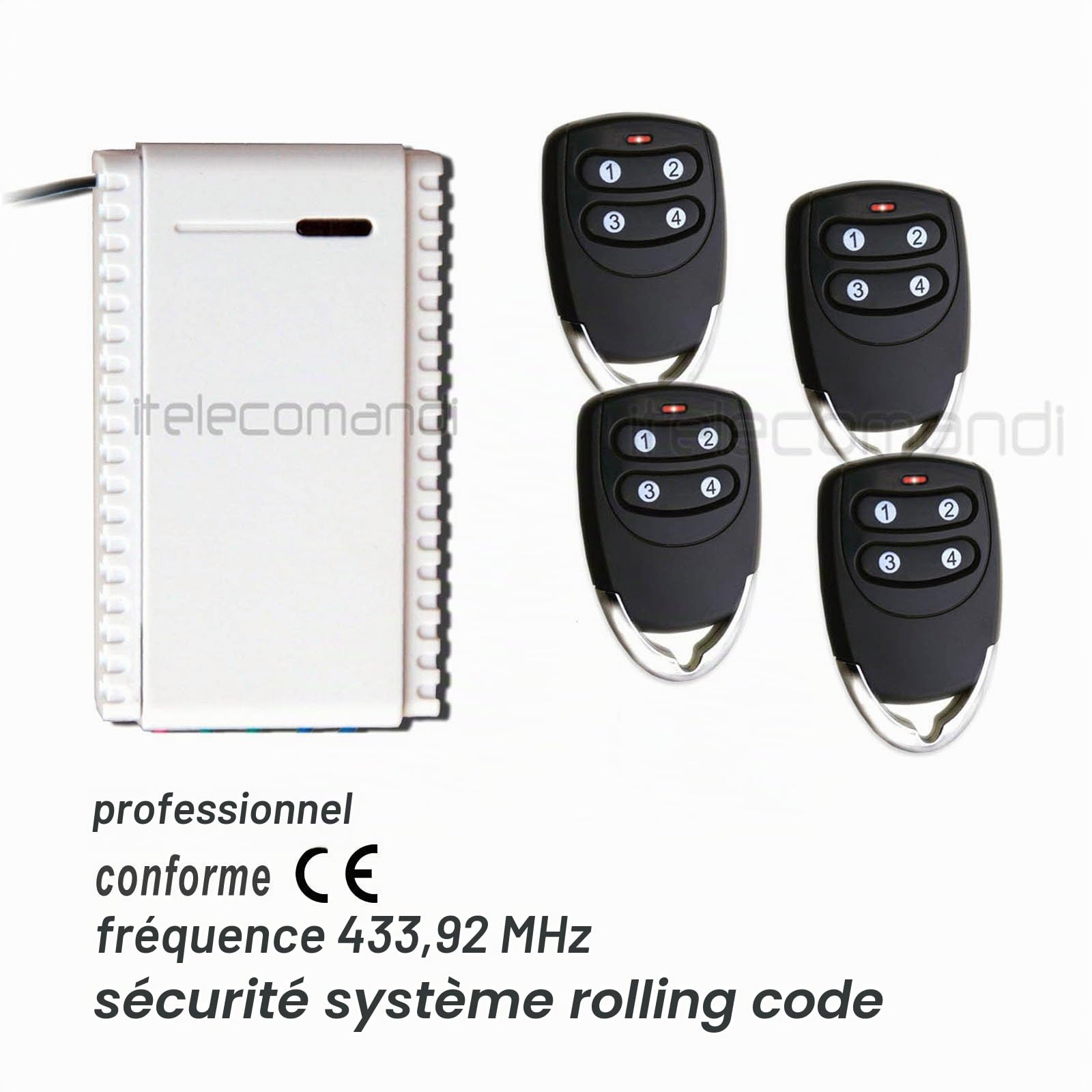 Hiland Kit récepteur + 4 télécommandes à codage Rolling Code 433,92 MHz, récepteur à 1 canal NO-C-NC universel 12–24 V + télécommande à 3 canaux