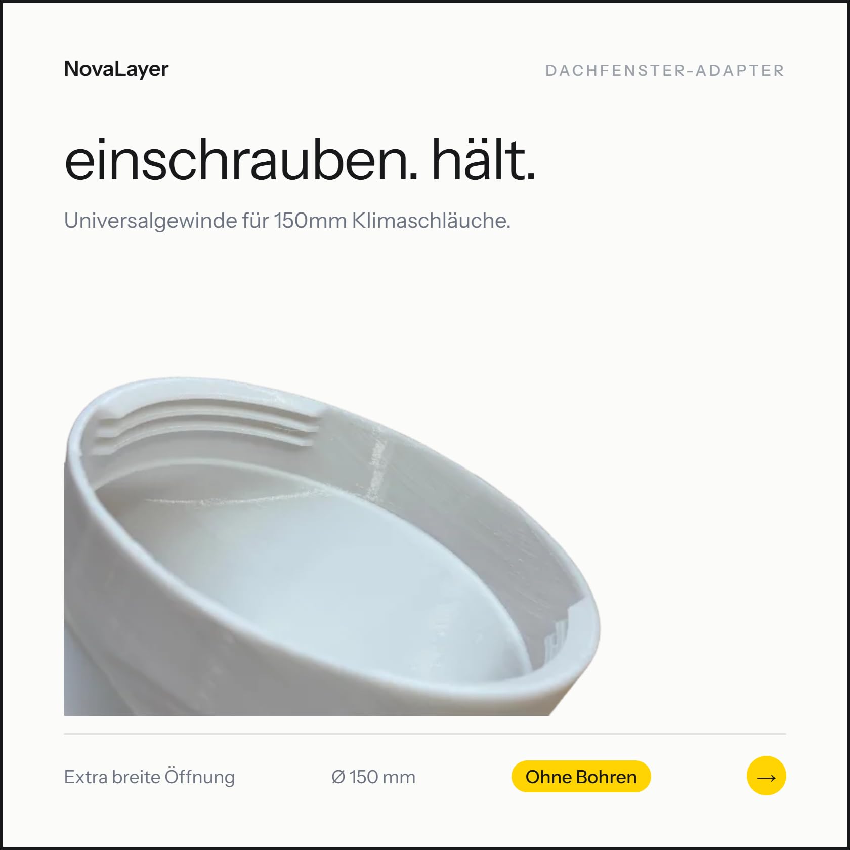 Fenster Adapter Klima Abluft extra breit und flach – Reduzierstück Ø150mm auf schmale Öffnung 35×4,5cm – Passend für mobile Klimaanlagen – 3D-Druck – Made in Austria