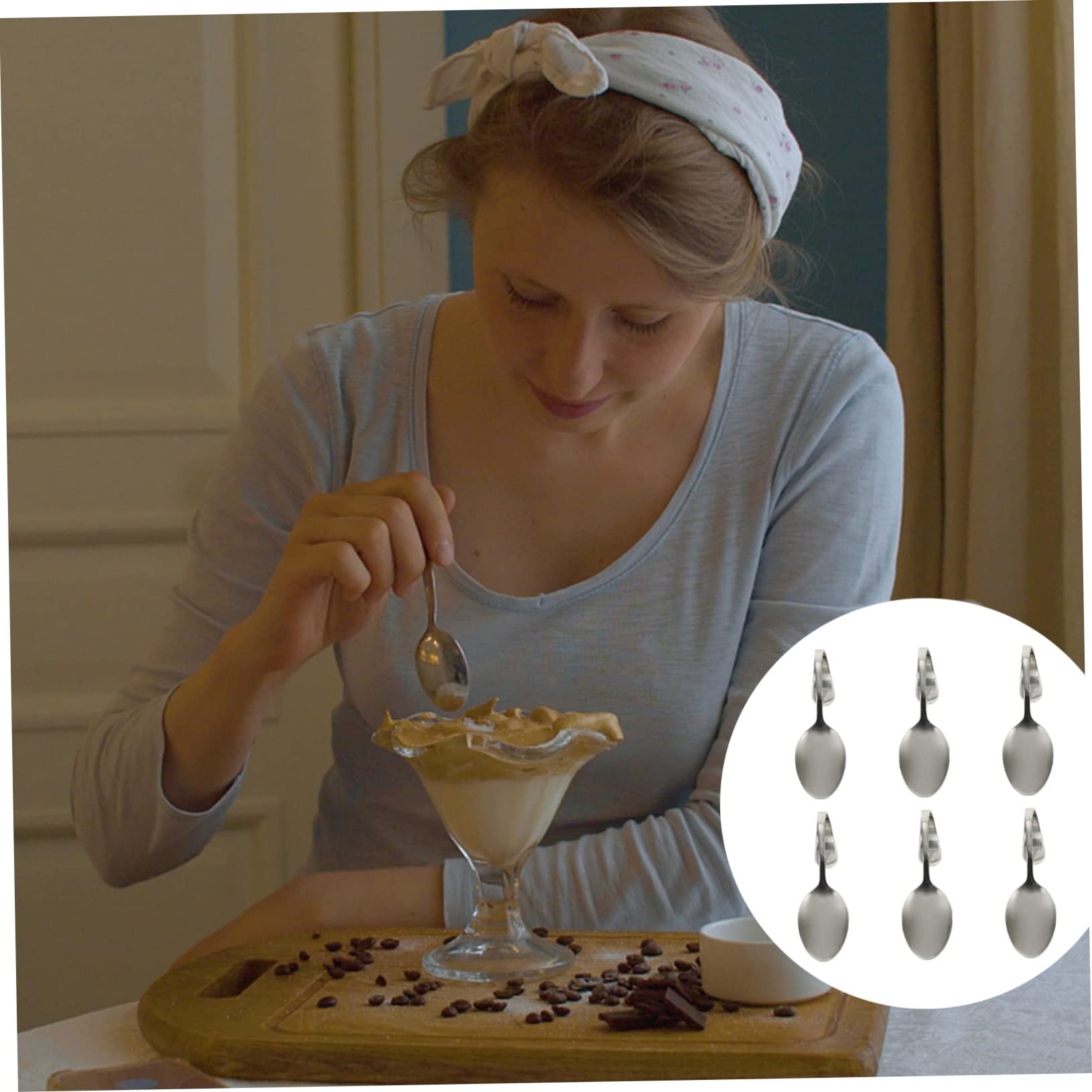 CIYODO 6pcs Curved Handle Spoon Silverware Spoons Curved Handle Slotted Spoon Camping Salad Spoon Teardrop Spoons Buffet Spoons Soup Spoons Fancy Spoons Cloche Ladles Stainless Steel