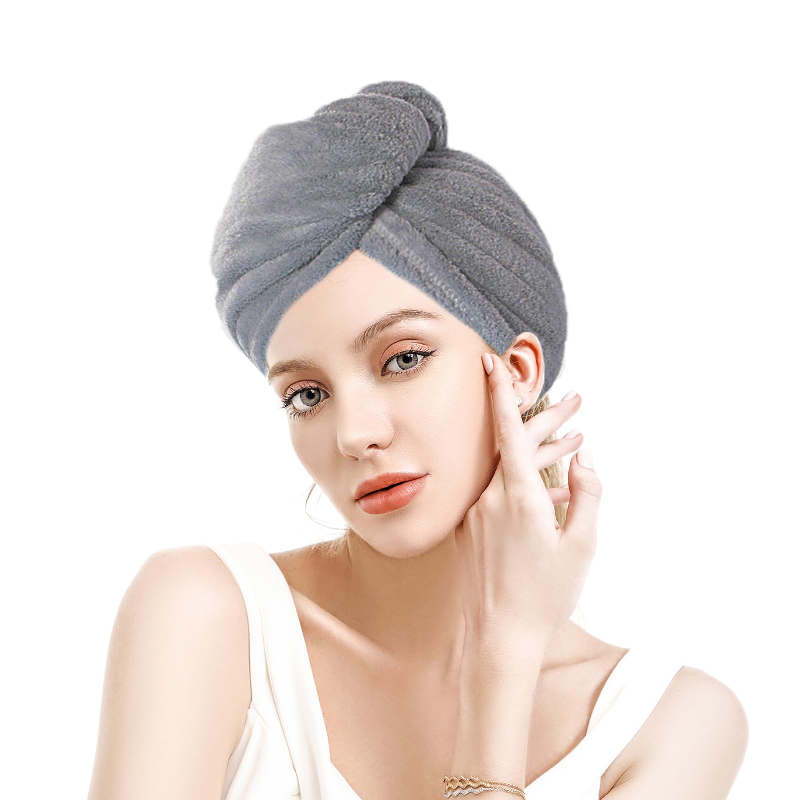 1 pezzo asciugamano microfibra capelli,Extra assorbenti asciugamano per capelli, Morbido turbante capelli,turbante asciugacapelli,con Chiusura a Bottone, Asciugatura Rapida(grigio)