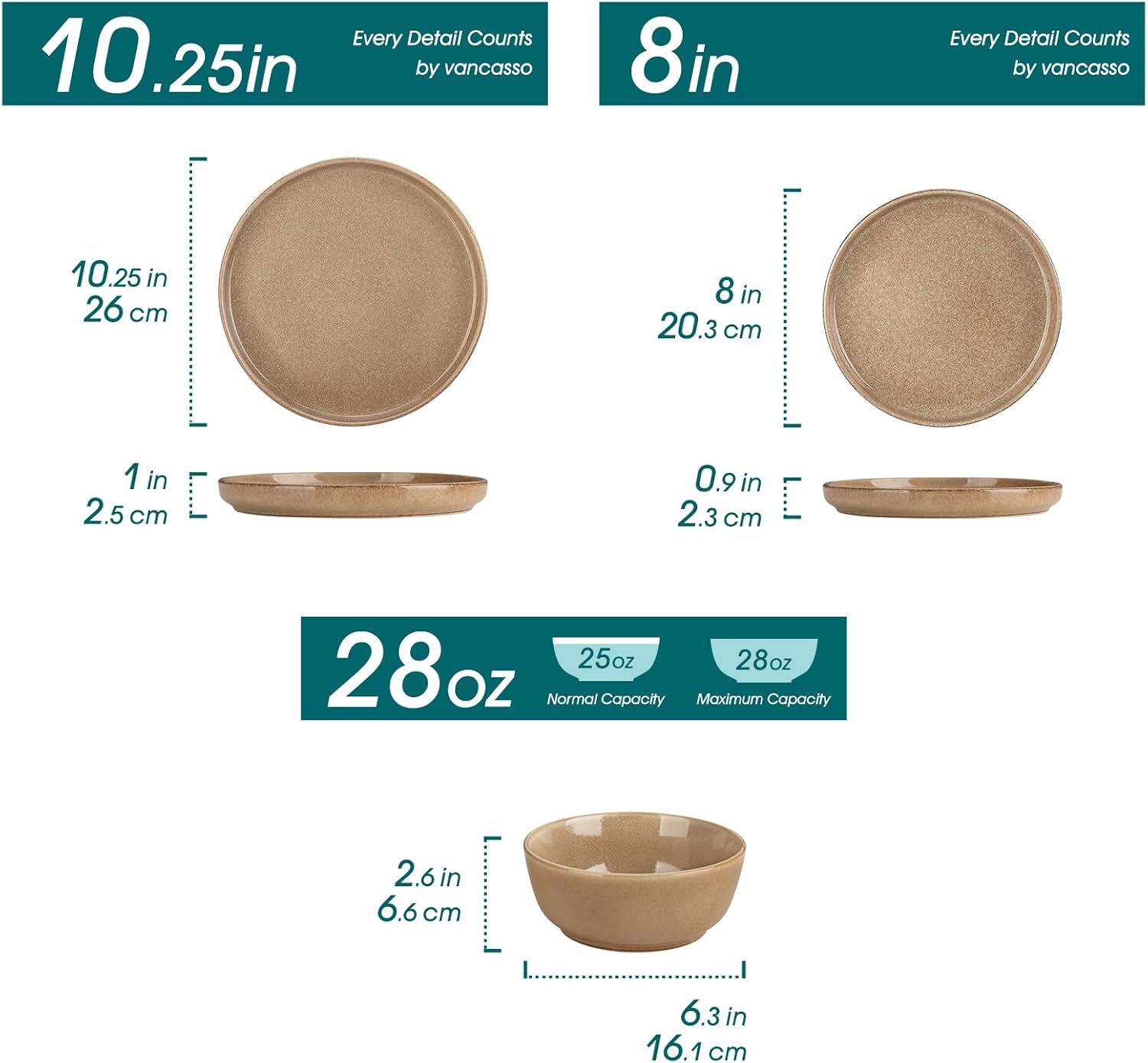 vancasso ANYA 24 Pieces Plates and Bowls Set, Caramel Dinnerware Sets, Reactive Glaze Dishes Set for 8, Ceramic Dishware Sets Kitchen Dinner Set, Microwave & Dishwasher Safe - Image 2