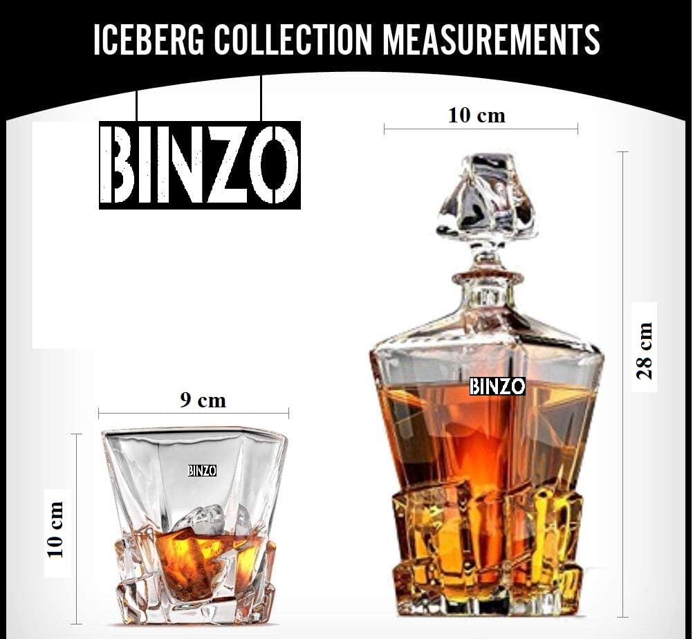 BINZO Luxury Glacier Whiskey Wine Decanter Set with Glasses & Stopper| Premium Glass Decanter for Whisky, Alcohol, Liquor, 1 Litre Decanter & 300 ml Glasses