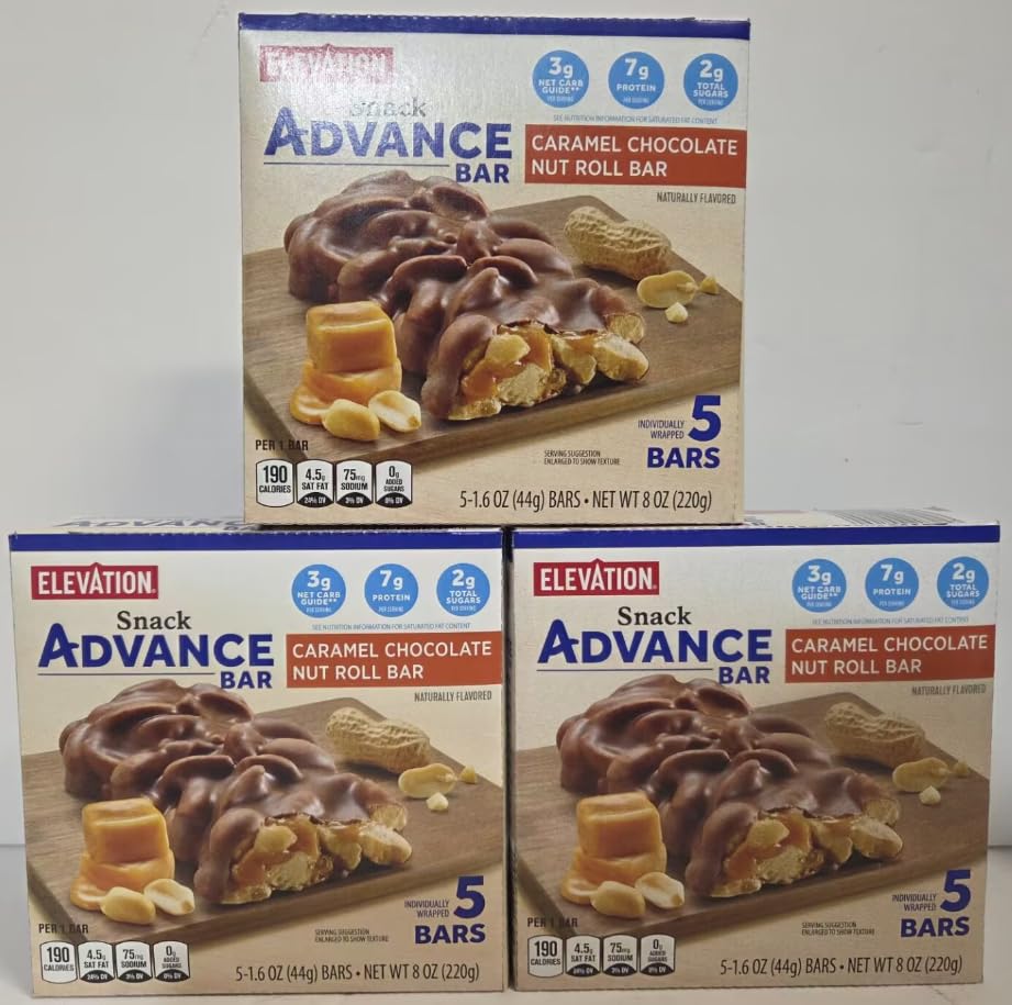 Elevation Snack Advance Bar Caramel Chocolate Nut Roll Bar 8oz 220g (3 Boxes)