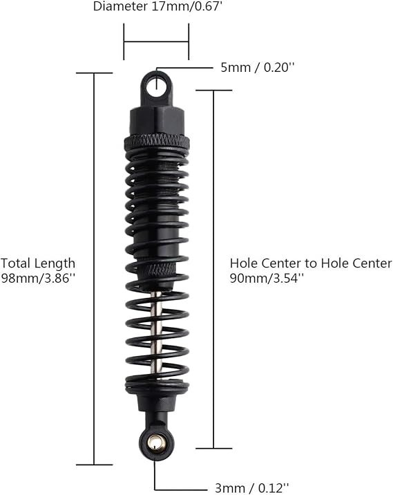 Front Rear RC Shock Absorber, 4-Pack Aluminum 98mm Adjustable Assembled Suspension for 1:10 Redcat HSP 94166 94106 94107 94155 94170 Buggy Truck Crawler Upgraded Hop-up Parts (Black)