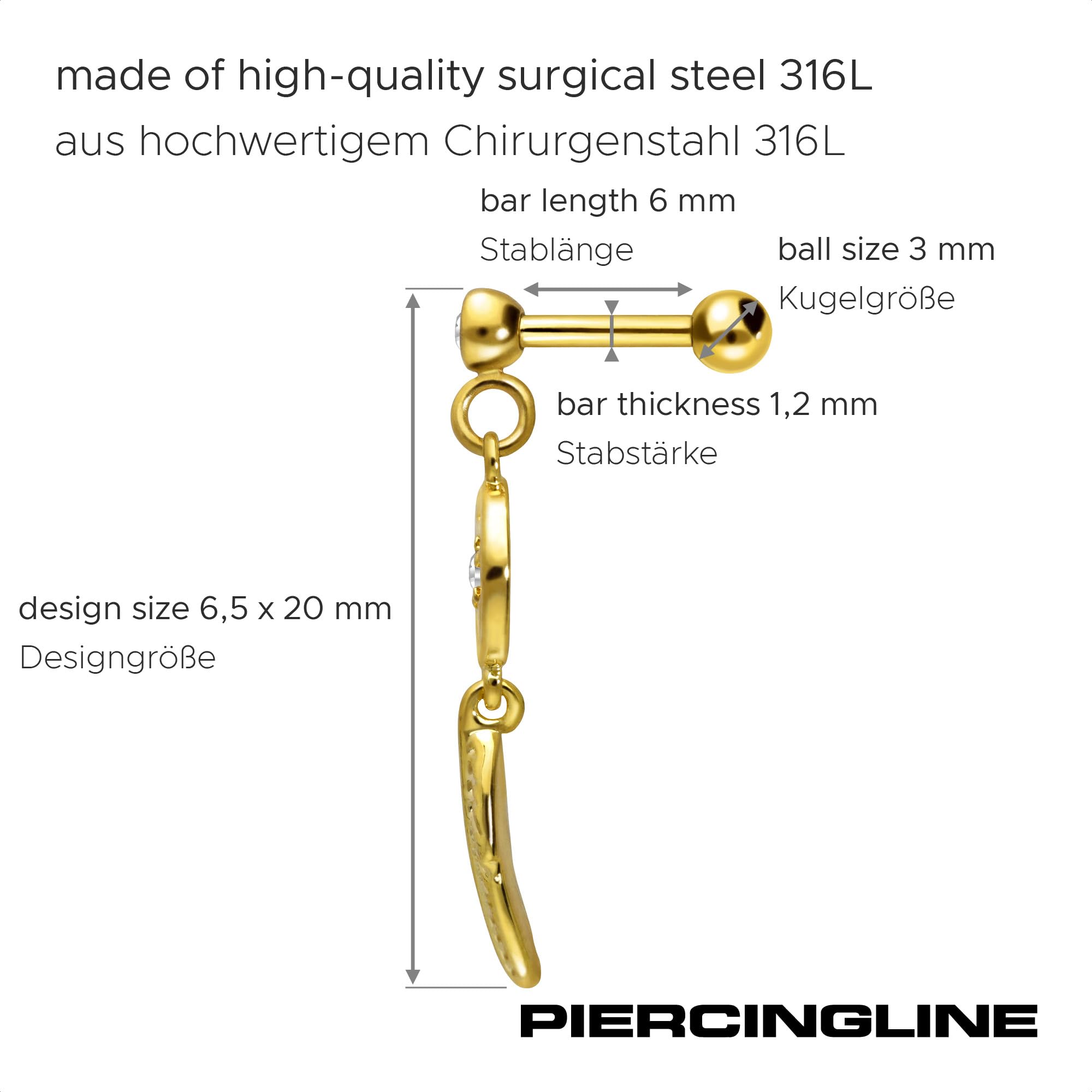 PIERCINGLINE Piercing per orecchio, acchiappasogni con cristallo in acciaio chirurgico, per orecchio o elice, in 3 colori, Acciaio inossidabile, cristallo