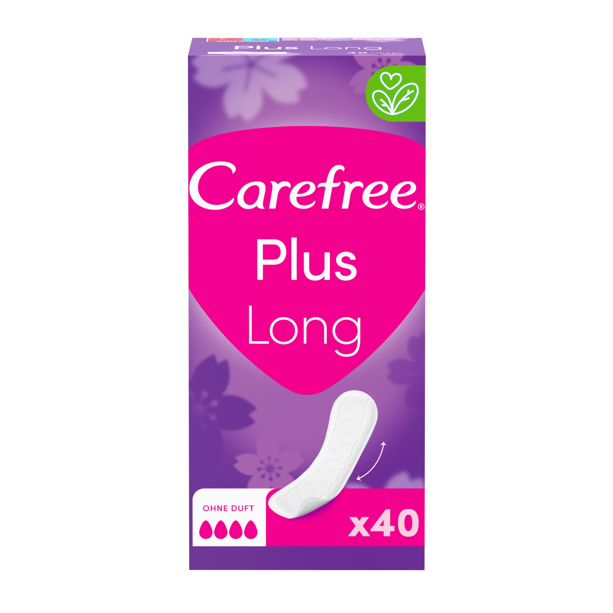Carefree Plus Long Light Scent 40 szt. Wkładki higieniczne z wyjątkowo chłonnym wkładem, zapewniają długotrwałą ochronę przed wilgocią i nieprzyjemnym zapachem. Łagodne dla skóry.