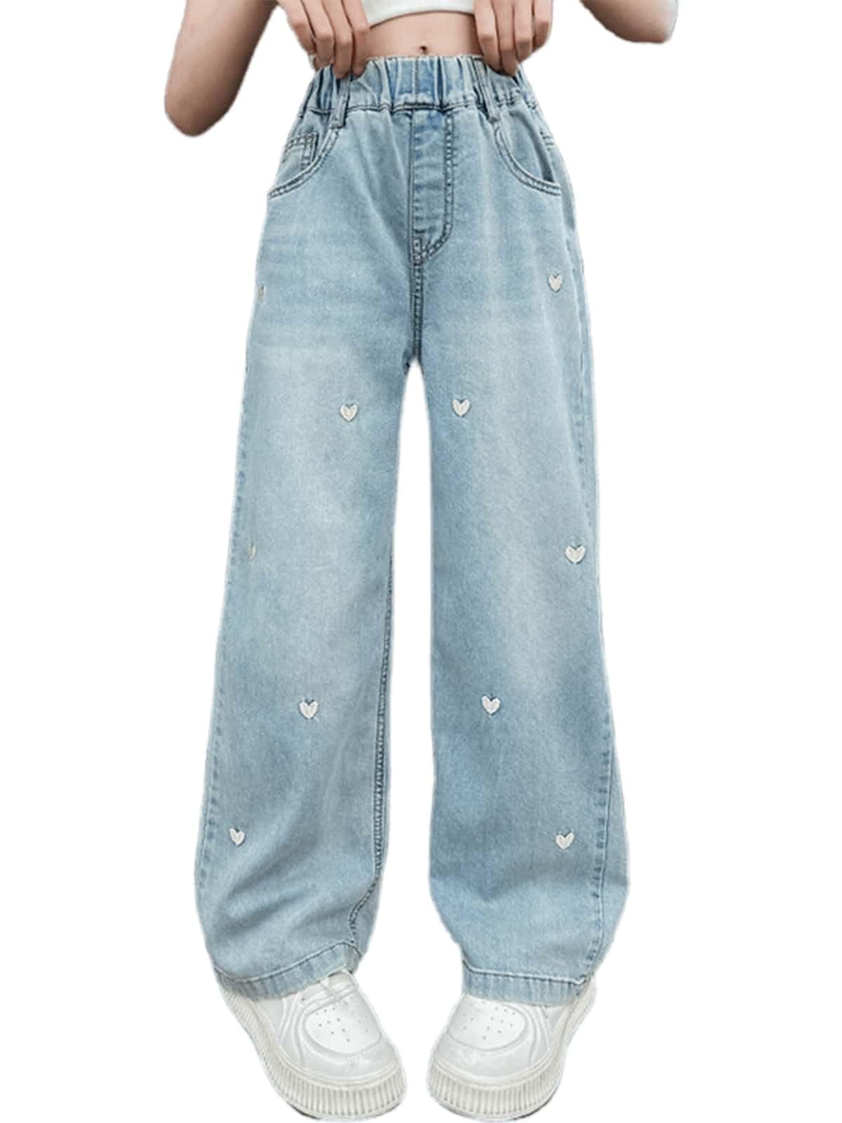Kids Girls Baggy Jeans Heart Print Wide Leg