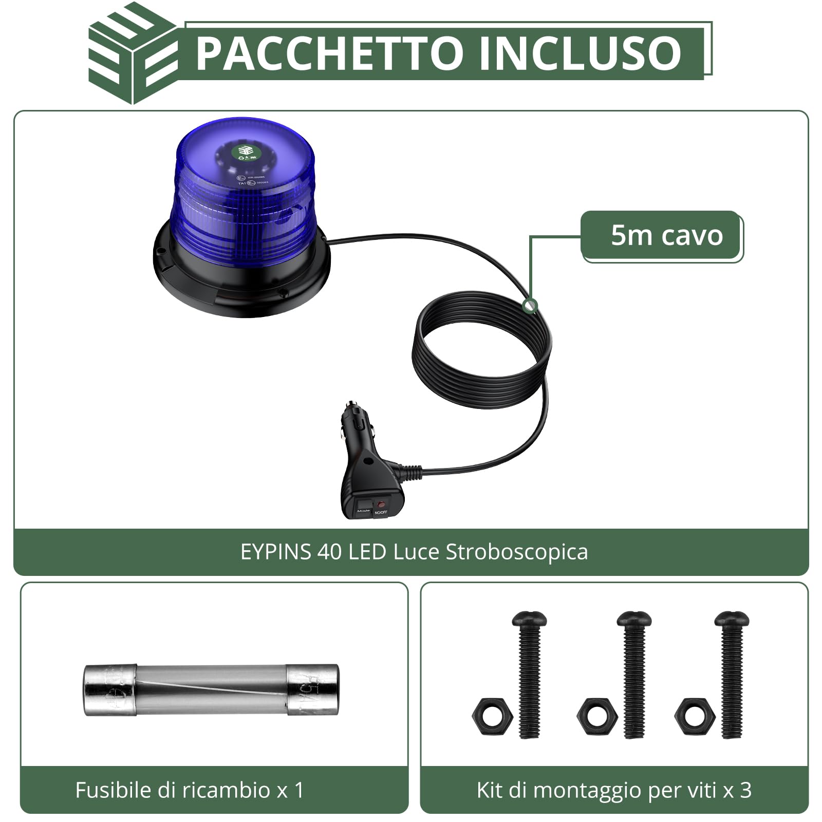 EYPINS 40 LED Luce Lampeggiante per Auto Blu,Luce Stroboscopica di Emergenza con Base Magnetica,Spia di Avvertimento per Auto da 40 W,E57/IP65,Cavo da 5 m,per 12 V/24 V Trattore,Camion