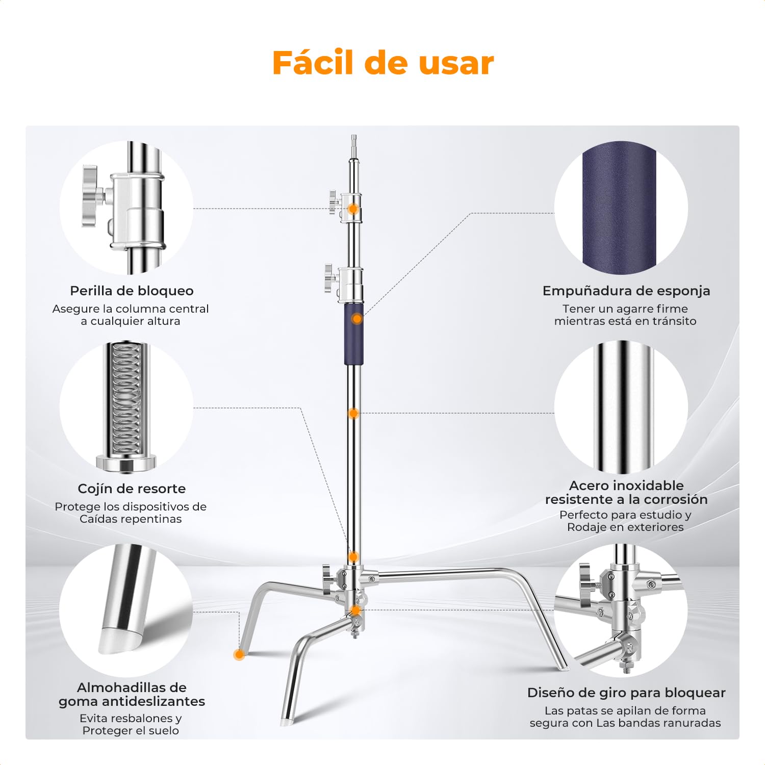 K&F CONCEPT Soporte C 330cm Acero Inoxidable para Estudio | Brazo de pluma ajustable, 2 cabezales mango, carga 20kg, trípode luz fotografía, con sandbag, TL05
