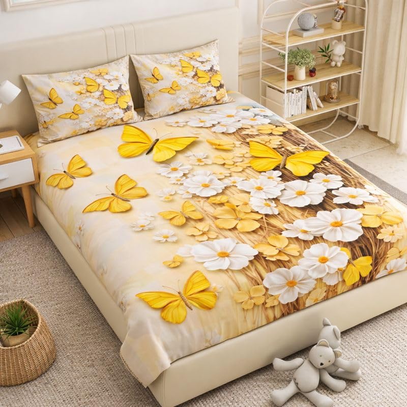 Image of Akshya King Size 7D Bedsheet 90x100 inches, Glace Cotton 300 TC Flat Bedspread for Double Bed with Large Pillow Covers Yellow Butterfly Cartoon Print