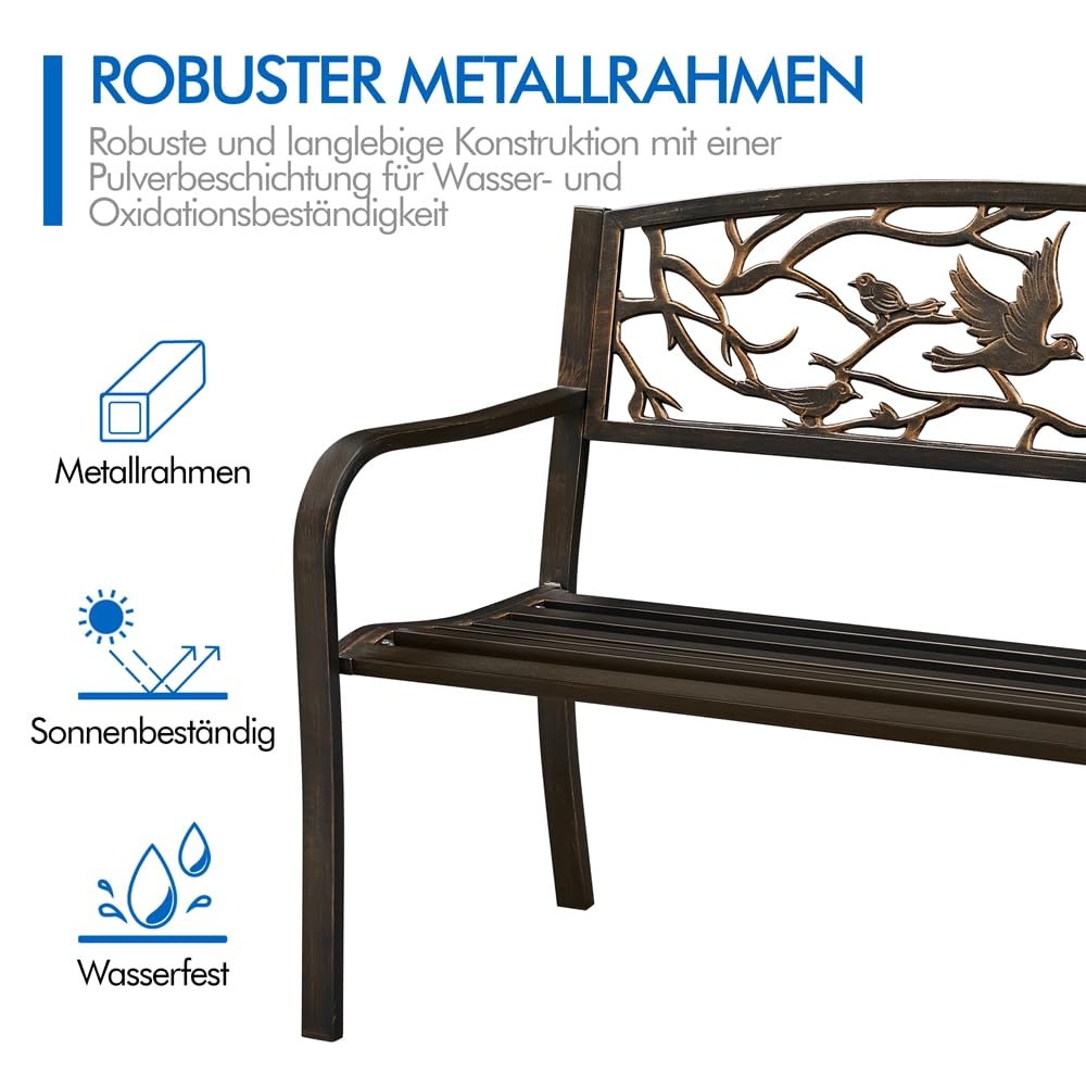 Yaheetech Gartenbank für 3 Personen Metallbank mit Vogelmuster, Bronze | Sitzbank im Retro-Stil Gartenbank Eisenbank Ruhebank im Retro-Stil mit Rückenlehne & Armlehne für Hof/Garten/Terrasse/Balkon