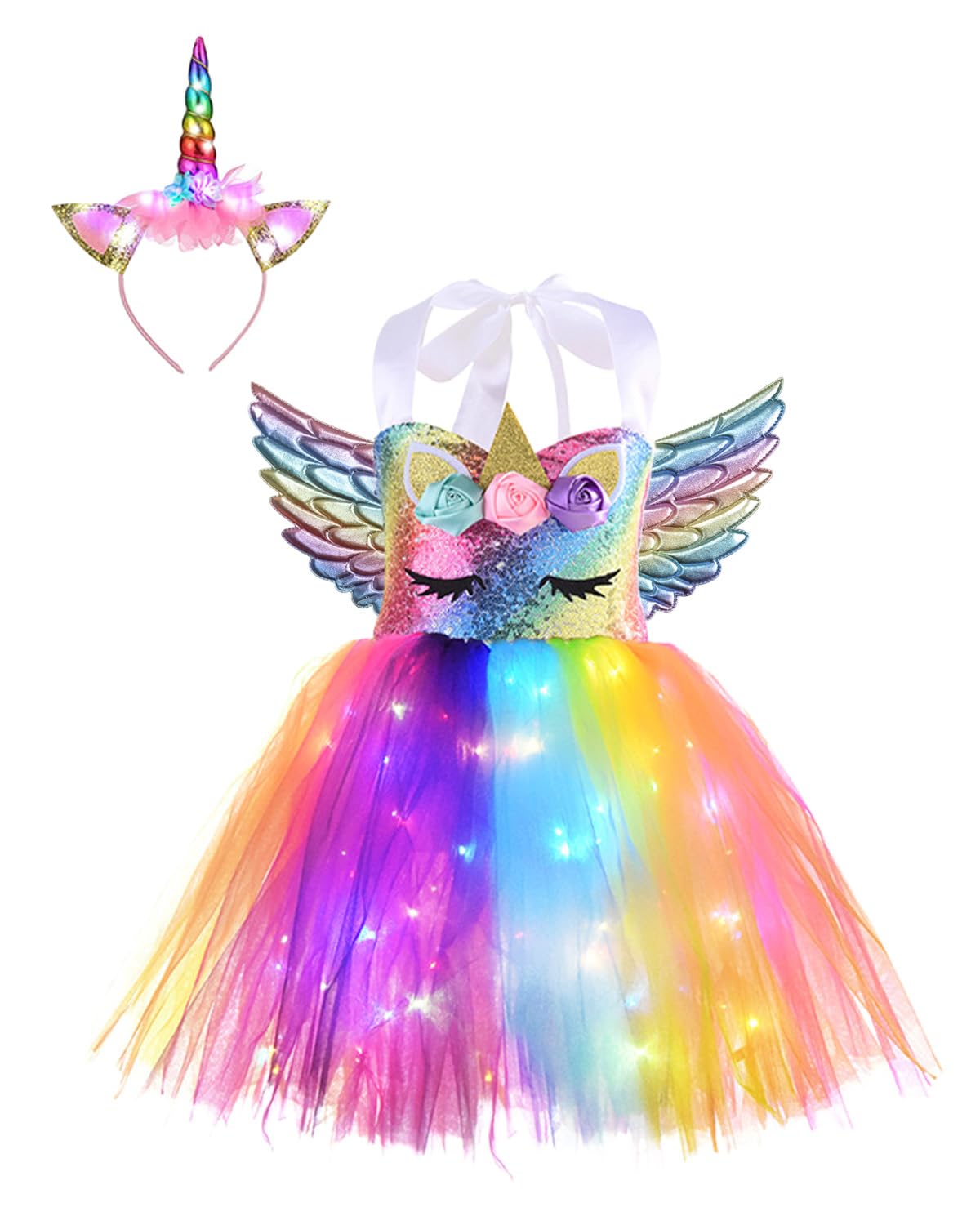 Koongso Girls Unicorn Light Up Princess Costume Rainbow Tulle Dress with Headband Wings Kids Birthday Party Halloween Tutu Dress