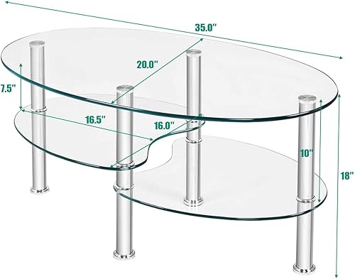Miniatura 3 de POWERSTONE Mesa de centro ovalada de vidrio templado de 3 niveles, pequeña y moderna para oficina en casa, sala de estar, espacios pequeños