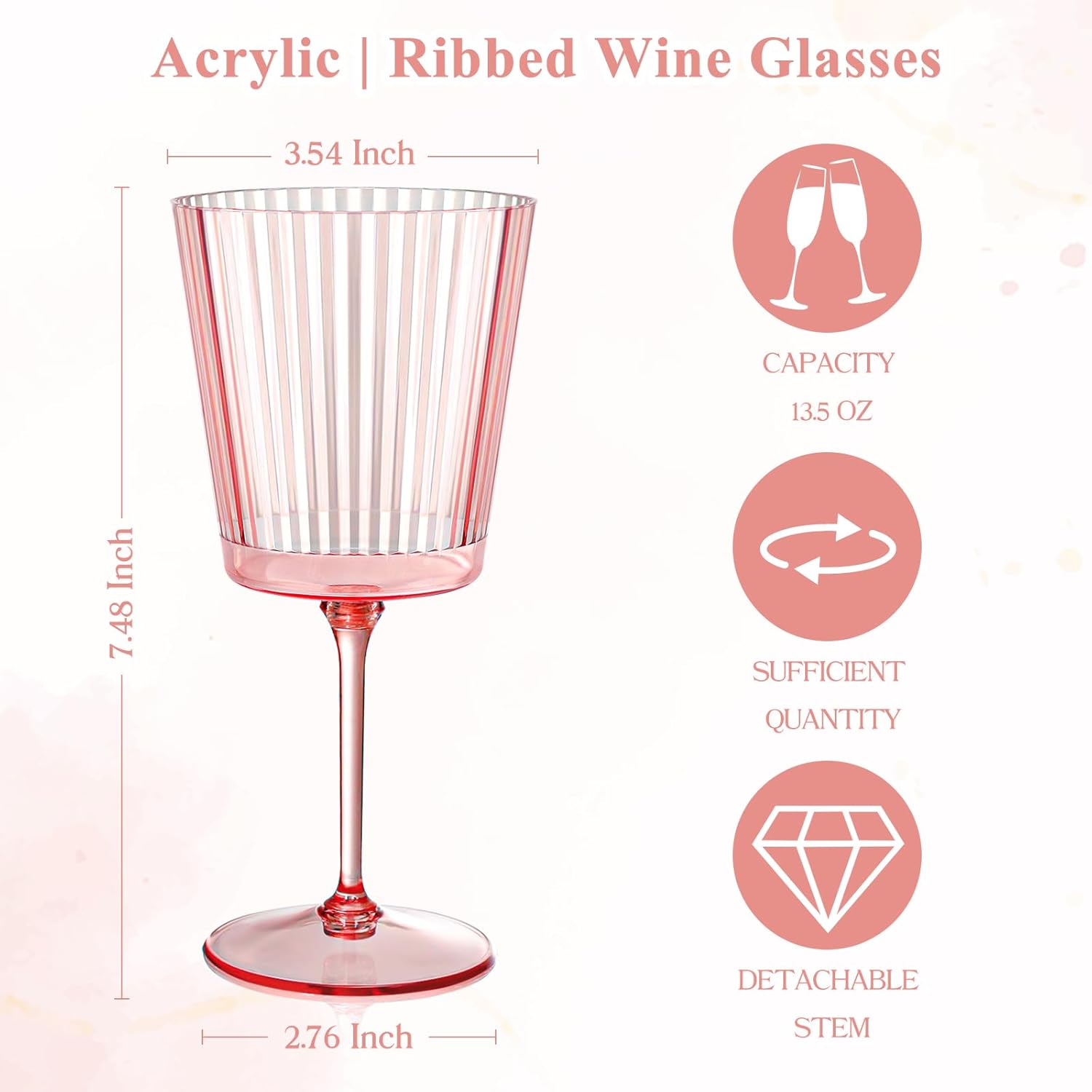 24 PCS Pink Plastic Wine Glasses with Removable Stems 13.5 OZ Ribbed Wine Glass Set Square White Wine Glasses Muted Pastel Colors Goblets Elegant Fluted Glassware for Wedding(Pink, 24 Pack) - Image 2