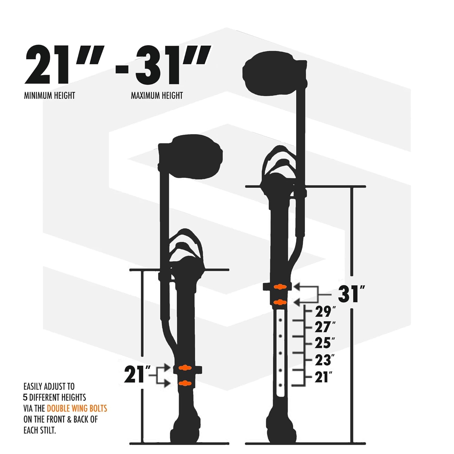 SurPro Single-Sided Drywall Stilts, Magnesium Base, 21” - 31” Height, QuadLock Contractor-Grade Stilts with Patented Flexion Foot System (S1X-M-2131) for Drywallers, Painters, Stilts Drywall
