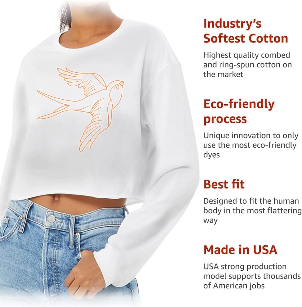 Swallow Bird Cropped Long Sleeve T-Shirt - Cute Women's T-Shirt - Printed Long Sleeve Tee