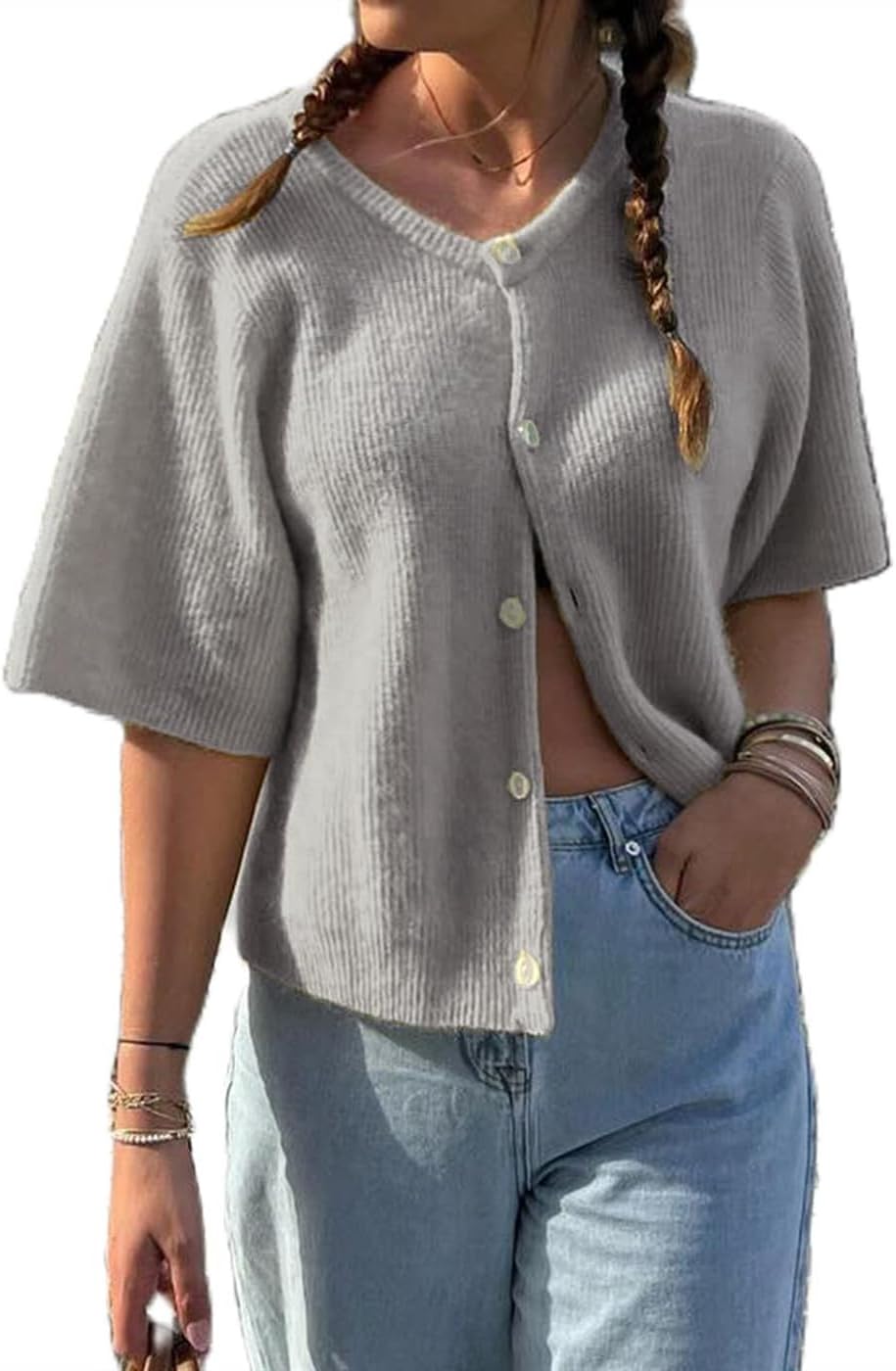 Women Crop Knit Cardigan Casual Short Sleeve Button Down Crewneck Sweater Going Out Tops