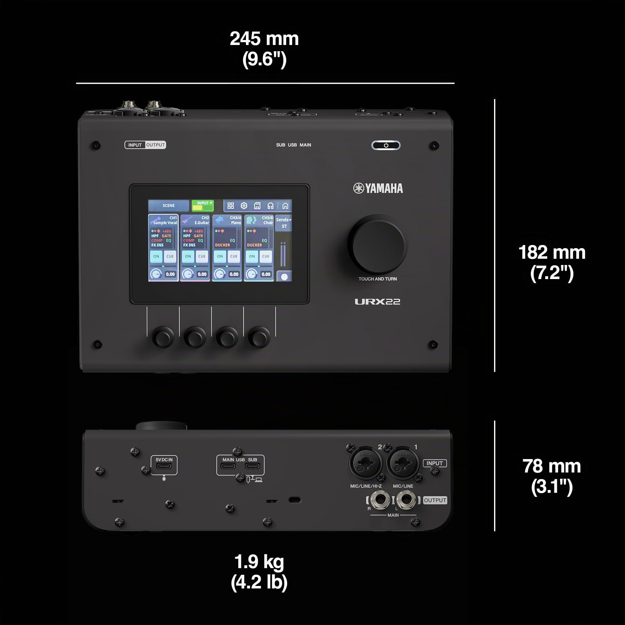 YAMAHA URX22 USB-C Audiointerface – Kompaktes 4-In/2-Out-Interface mit 32-Bit/192 kHz Audio, Touch-LCD-Steuerung, integriertem DSP-Mixing & Effekten für Kreative und Musiker – Schwarz