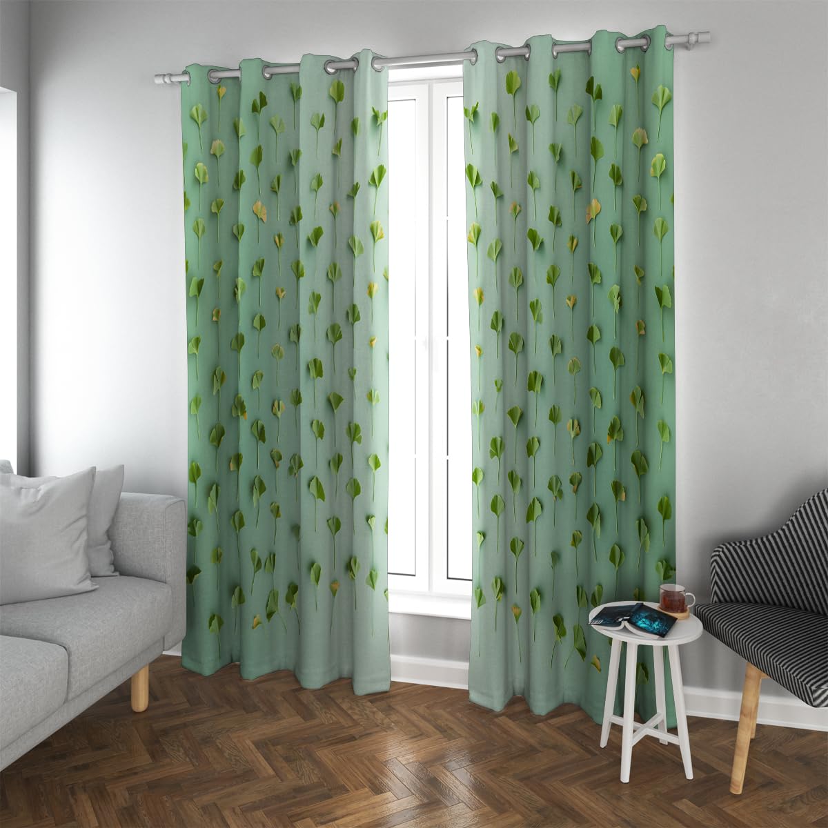 Rideaux botaniques à motif métallique feuilles vertes ginkgo salon œillets
