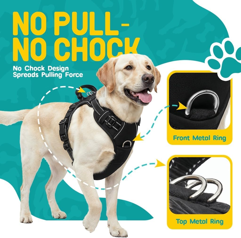 No Pull Dog Harness and Leash Set for Large Dogs – Adjustable Reflective Breathable Soft Padded Easy Control Dog Harness for Training & Walking, Black (Large)