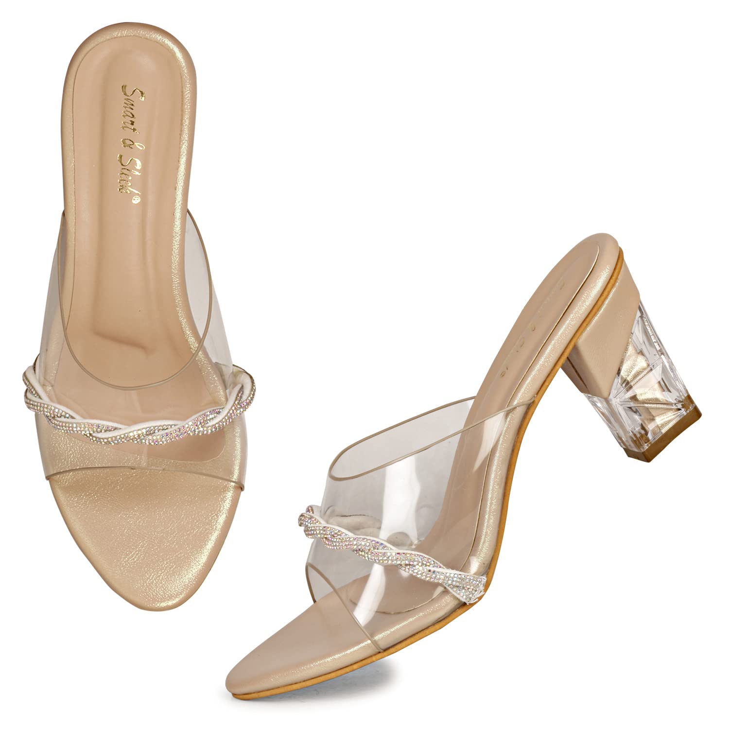 Smart & Sleek Crystal Rhinestone Transparent Block Heels Sandals for Women & Girls (Color-Beige, Size-5) (B0BVNRQ1ZB) Amazon Price History, Amazon Price Tracker