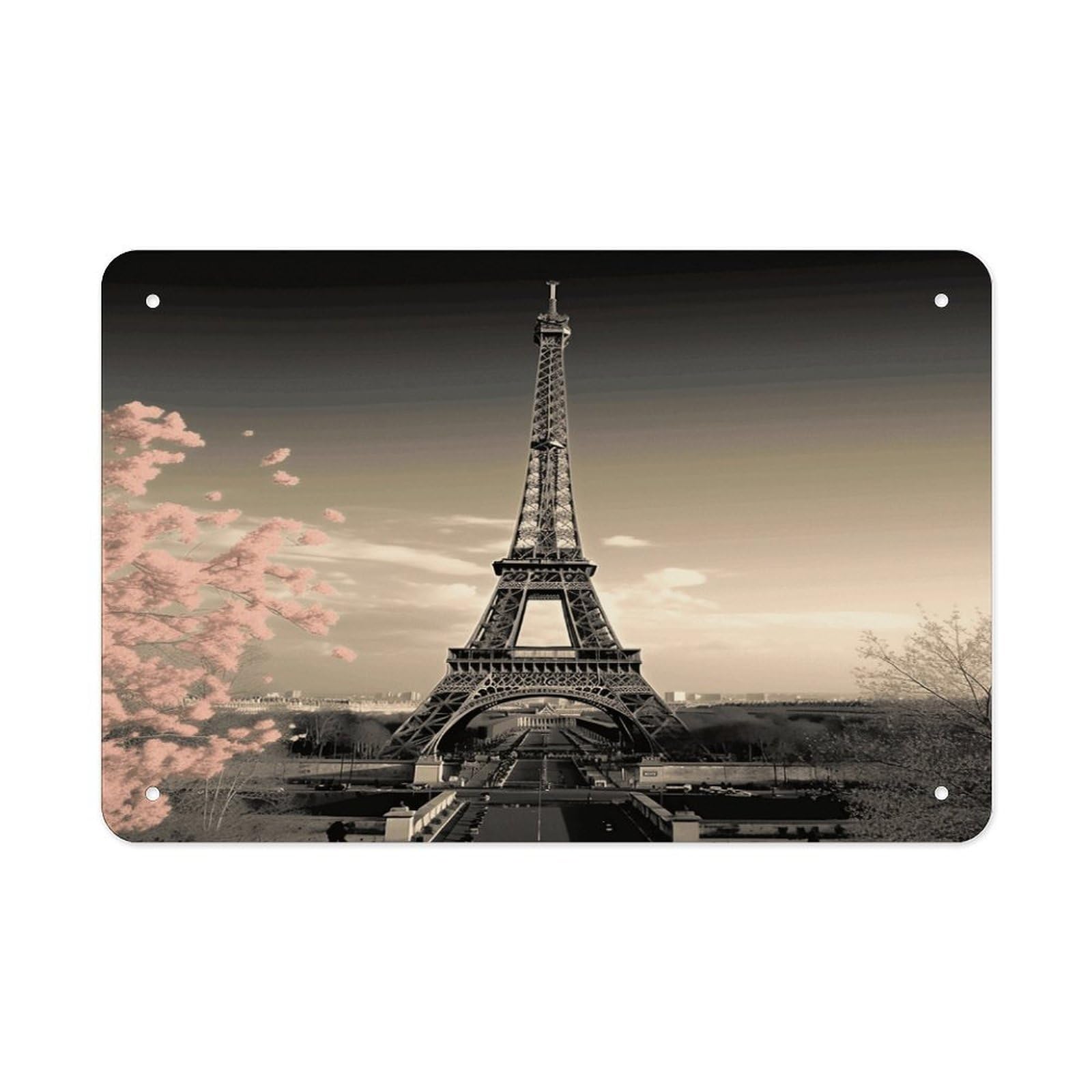Paris Tower Metal Tin Sign 12"x8" Wall Art Prints Poster Decorative Picture Metal Signboard Decor Painting Folded Edge Iron Sheet Painting with Holes for Wall Decor