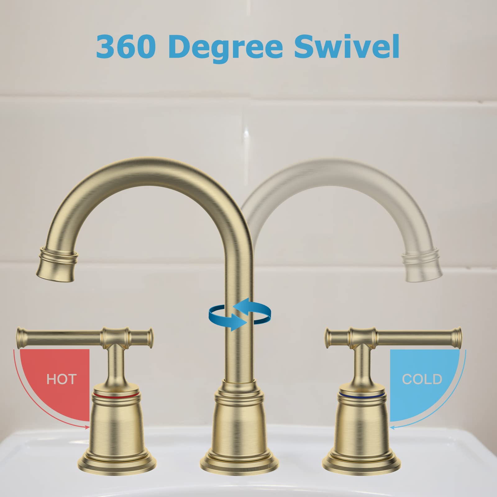 Badezimmer-Wasserhahn 20,3 Cm Breit – 2-Griff-Armatur In Gebürstetem Gold, Mit 360° Drehbarem Auslauf