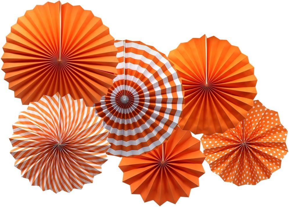 Image of 6 pcs Orange Hanging Paper Fans for Birthday Anniversary Bridal Shower Baby Shower Colorful Patterns Party Fans for Party Decoration Christmas Diwali & Wedding Decor (Pack of 6,Orange)