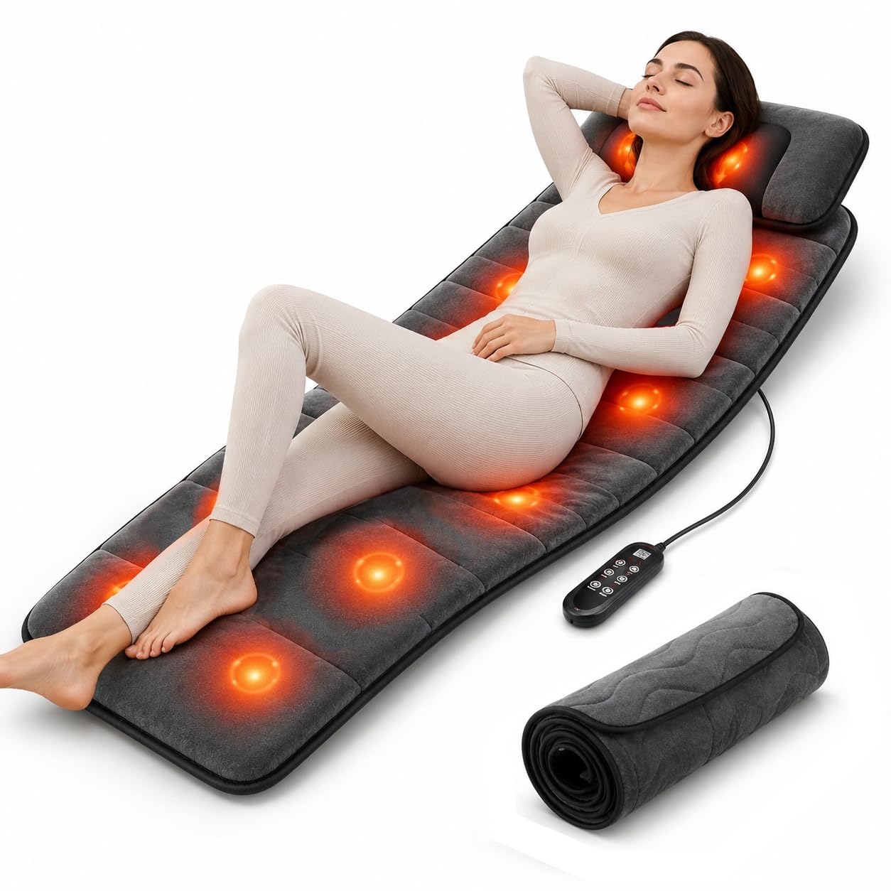 Ganzkörper-Massagematte mit Wärme, Shiatsu Nackenmassagegerät, Körpermassagegerät Pad Kissen für Bett & Liege, Rückenmassage mit Vibrationstherapie für Ganzkörperentspannung