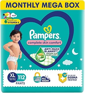 Pampers Complete Skin Comfort Pants, (XL) 112 Count, Anti-rash blanket, Lotion with Vitamin E &amp; Aloe Vera, Extra Large siz...