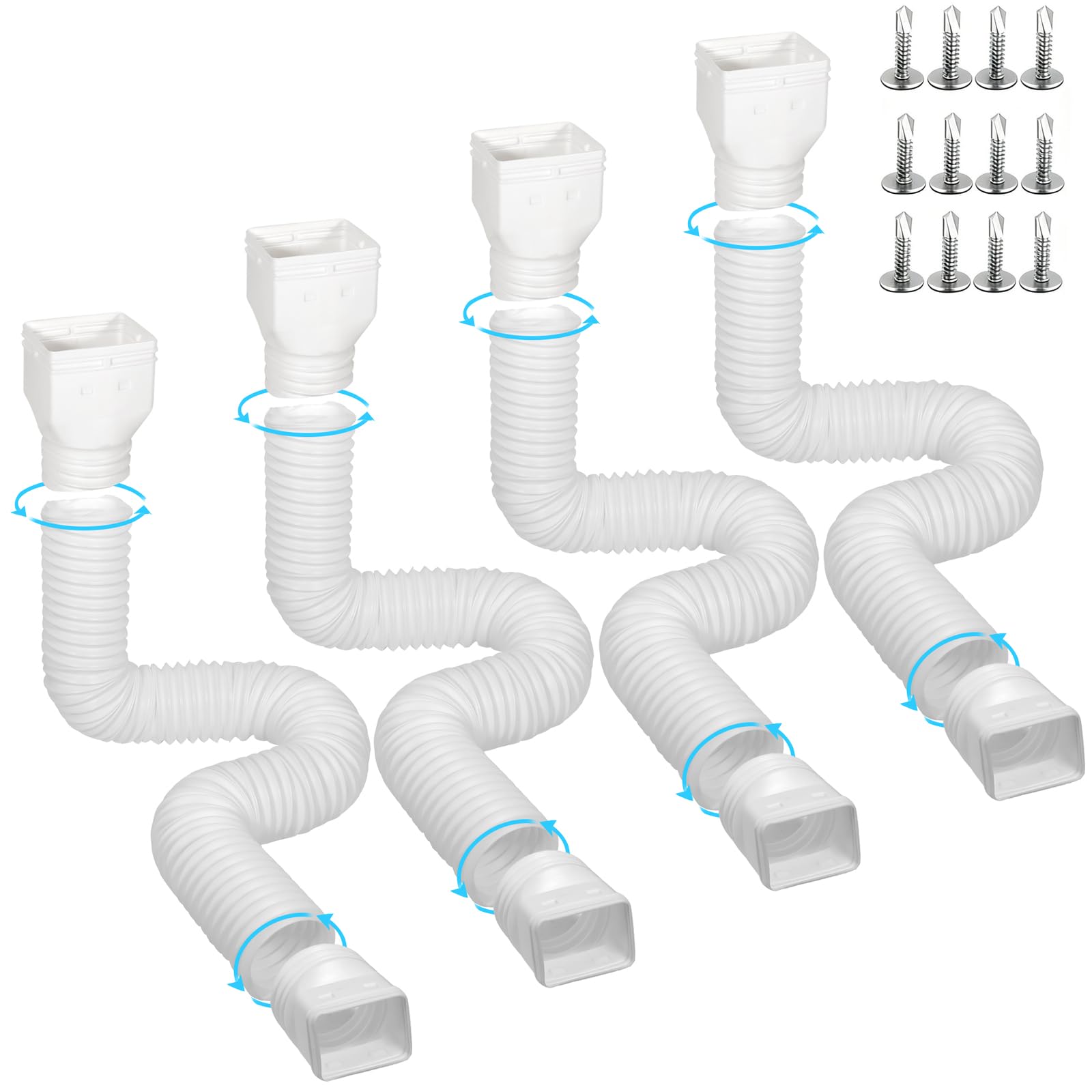4 Pack Gutter Downspout Extensions for Rainwater Drainage, 4” Diameter Thickened Flexible Downspout Extender Extendable from 21" to 67"(White)