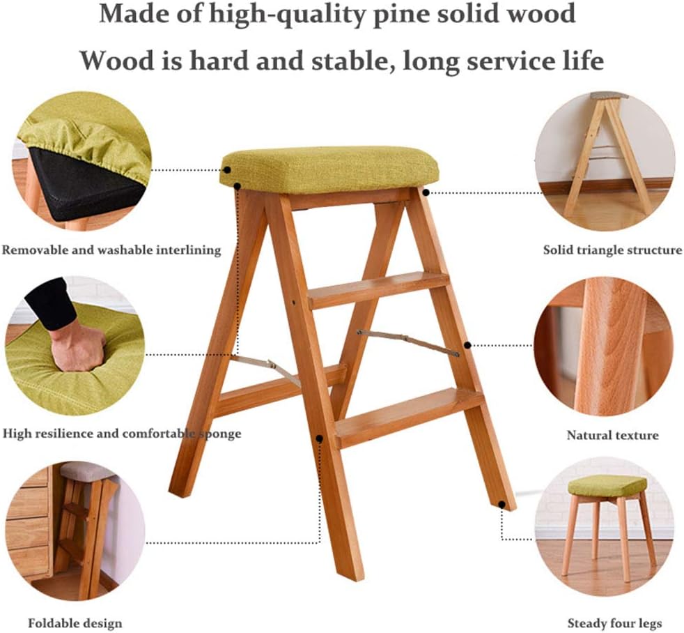 Diagram showing various features of the ZJXDPBF foldable step ladder stool, including removable cushion, high resilience sponge, foldable design, solid triangle structure, natural texture, and steady four legs.