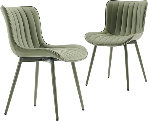 Miniatura 3 de YOUNUOKE Mid-Century - Juego de 2 sillas de comedor modernas tapizadas de piel sintética verde con patas de metal verde, silla decorativa sin brazos
