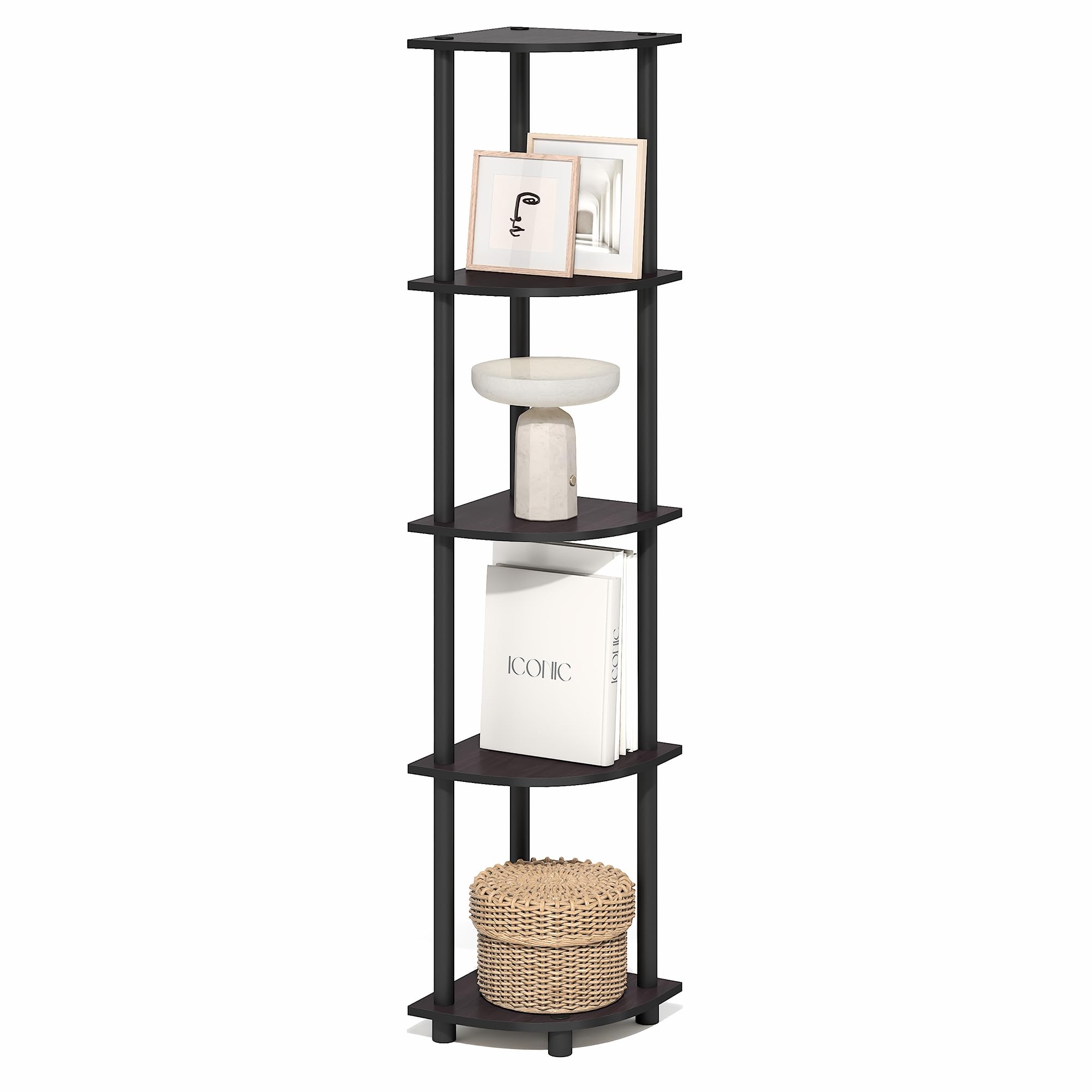 Furinno TURN-N-TUBE Corner Shelf, 5-Tier Corner Bookshelf, Open Storage Shelves, for Organization and Storage, Living Room, Home Office, Garage, Bedroom, Dark Mocha