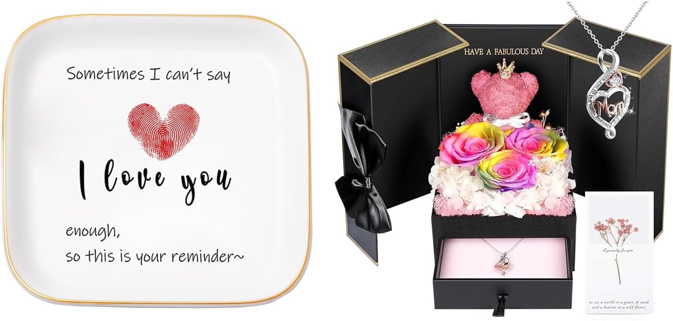 ADDWel Ultimate Mom Gift Bundle: Preserved Real Roses with 925 Sterling Silver Necklace & I Love You Ceramic Jewelry Dish - Unique Gifts Birthday, Mother's Day, Christmas for Mother