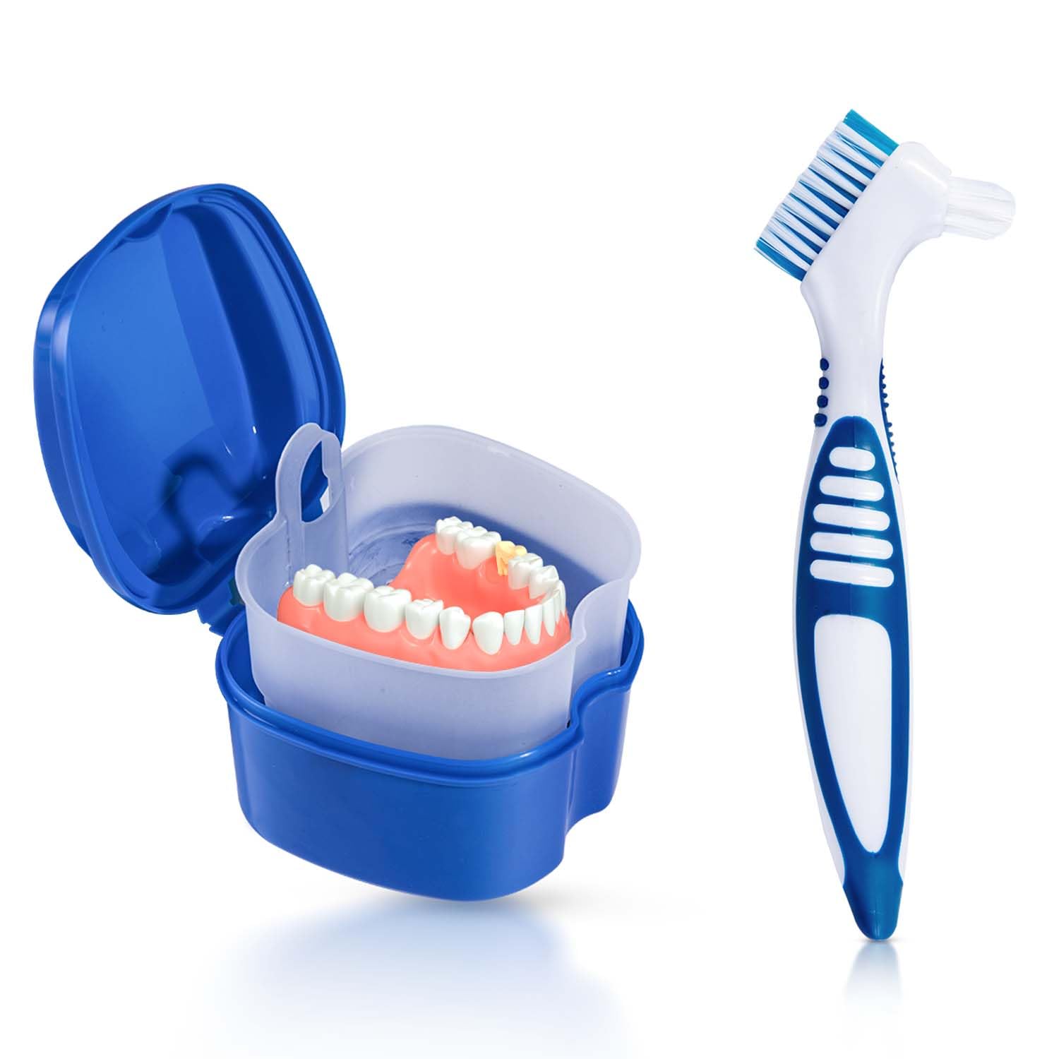 kiseer denture bath case cup box holder storage container with denture cleaner brush strainer basket for travel cleaning (blue)