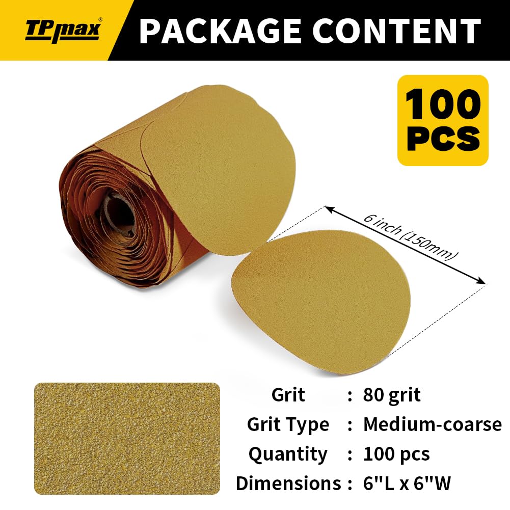 100PCS 6 Inch PSA Sanding Discs 80 Grit Self-Adhesive Sandpaper Roll for DA Sanders, Orbital Sanders Gold Aluminum Oxide Sticky Back Abrasive Discs for Automotive, Woodworking, and Metal Polishing
