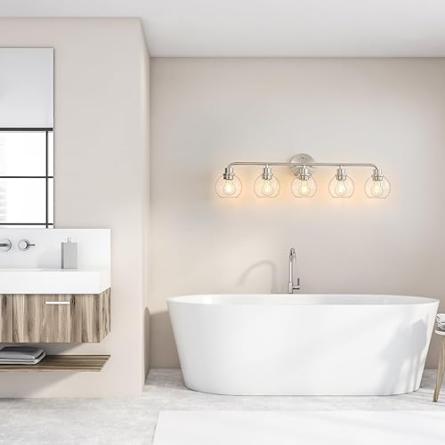 Miniatura 10 de Lámparas de baño doradas para tocador, 3 luces, apliques de pared, luces de latón cepillado con pantallas de vidrio transparente, lámpara de pared