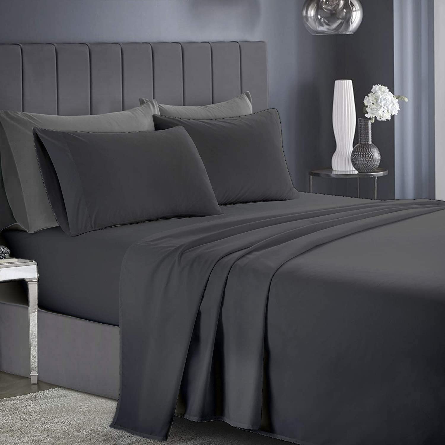 Infinitee Xclusives Dark Grey Queen Bed Sheet Set – 4 Piece Bed Sheet Set – Queen Size 230 cm x 260 cm - Soft Brushed Microfiber Bed Sheets - 40 cm Deep Pockets Sheets Wrinkle Free & Fade Resistant