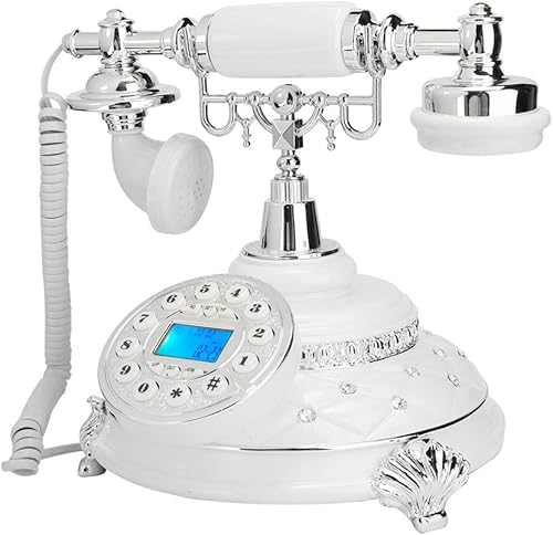Teléfono fijo vintage, estilo retro de moda antigua, línea fija plateada con piedras preciosas antiguas con cable teléfono fijo para oficina en casa