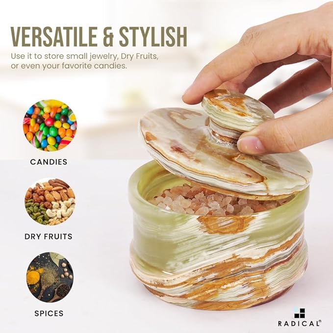 Radicaln Marble Salt Cellar with Lid 3.5" Inch Green Onyx Salt Box, Seasoning Container & Spice Jars, Stone Salt Holder for Counter, Spice Jar