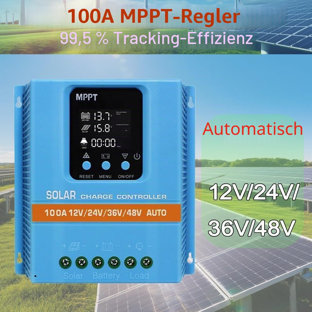 Solarregler 100 A MPPT/PWM Hybrid | Auto-Erkennung 12 V/24 V/36 V/48 V | LCD-Display & Dual USB | für Lithium-Batterien (LiFePO4) & Blei | Ideal für Wohnmobile, Haus und Garten