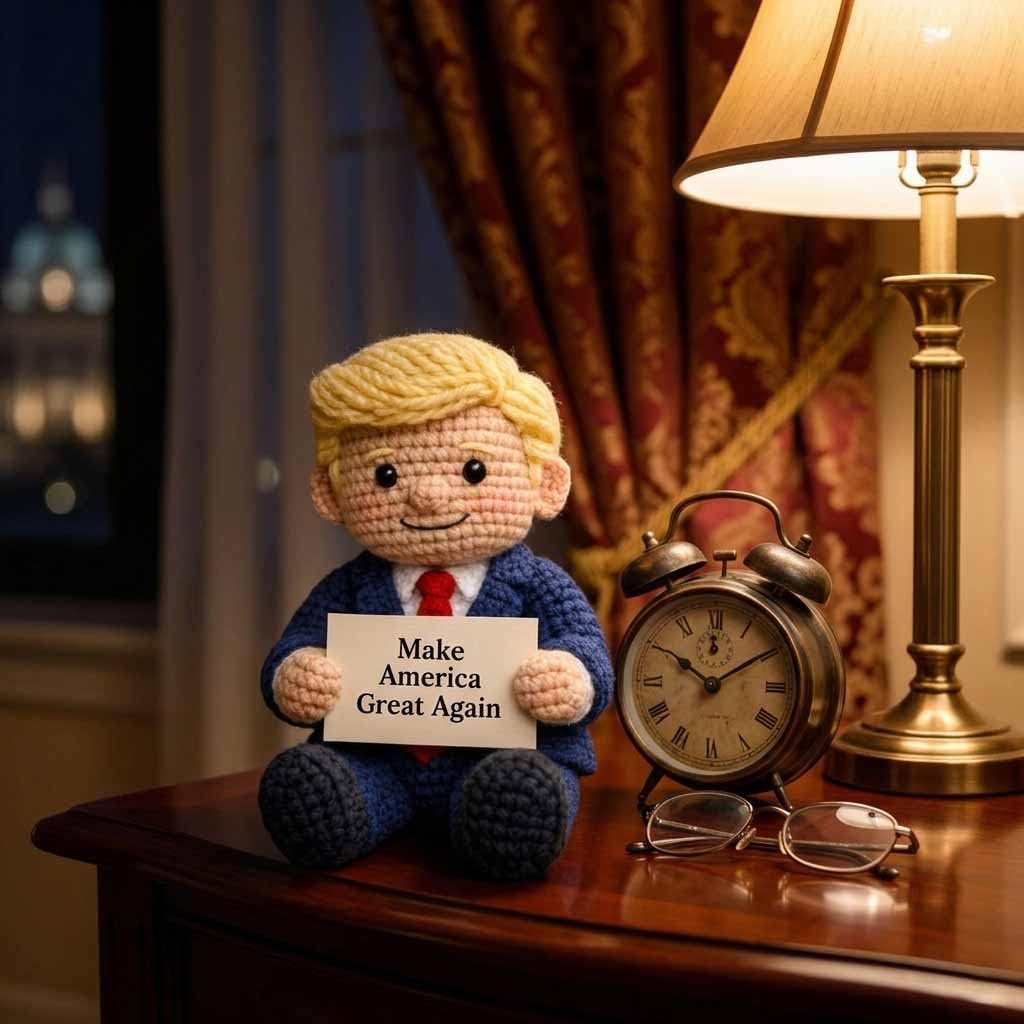 Donald Trump Crochet Emotional Support Doll - Handmade "Make America Great Again" Knitted Plushie with Red Tie & Card - Funny President Trump Gag Gift, Merchandise Memorabilia for Men Women (1PCS)
