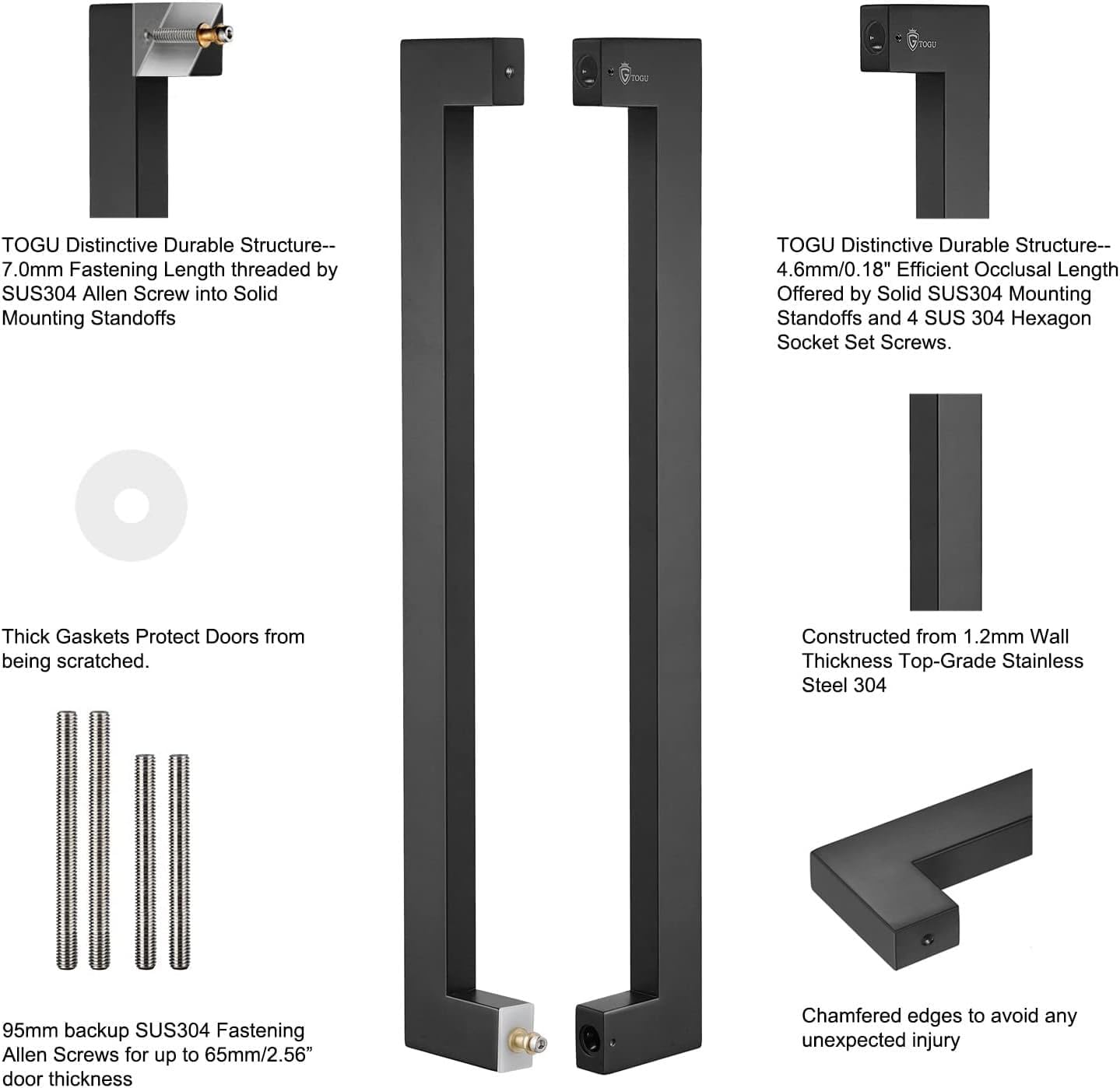 TOGU TG-6013 450mm/18 inches Square/Rectangle Shape Stainless Steel Push Pull Door Handle for Solid Wood, Timber, Glass and Steel Doors, Full Matte Black Finish