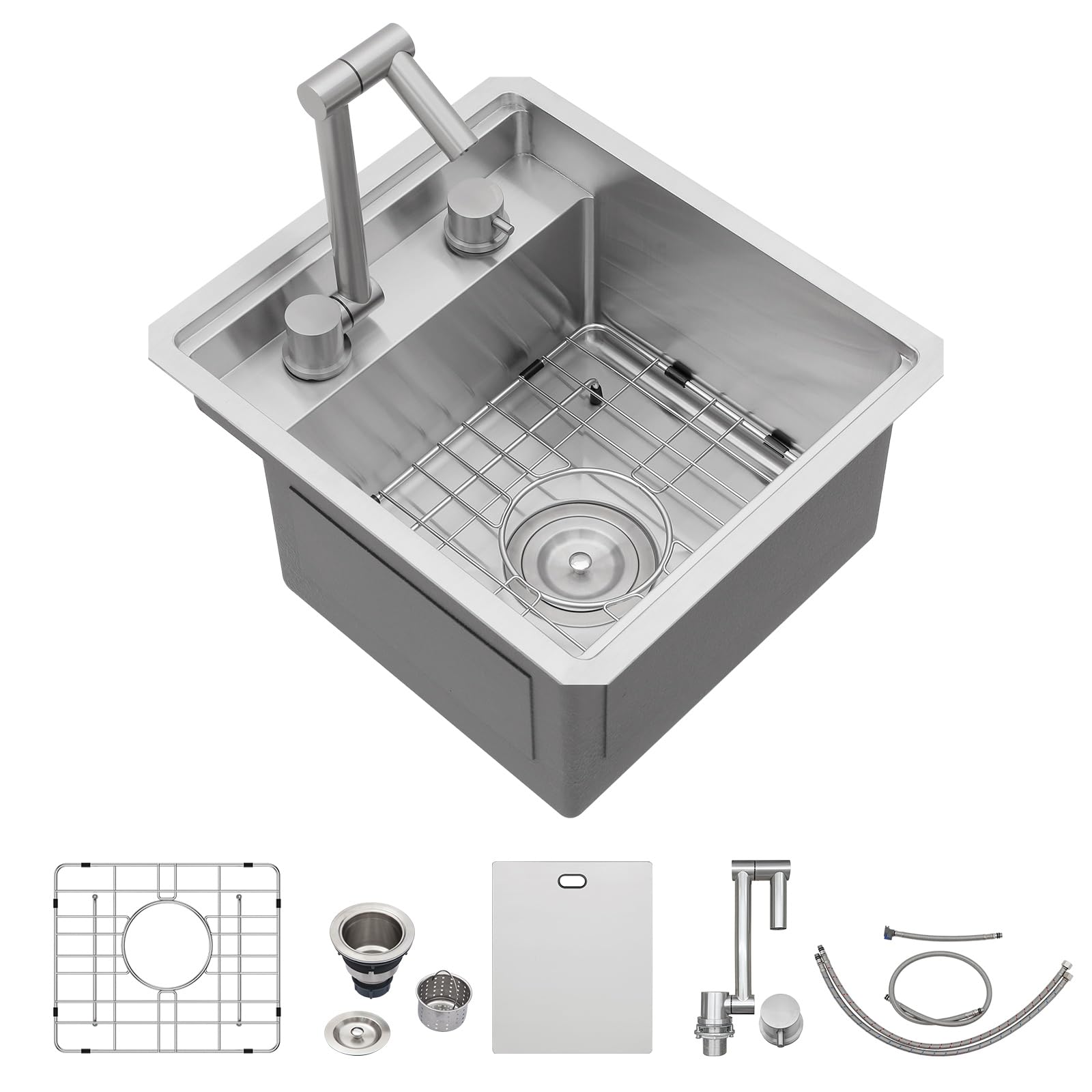 15 x 17 Inch Outdoor Sink Undermount RV Sink Workstation 16 Gauge Stainless Steel Single Bowl Handmade Outdoor Kitchen Sinks With Folding Faucet 15"x17"x9"