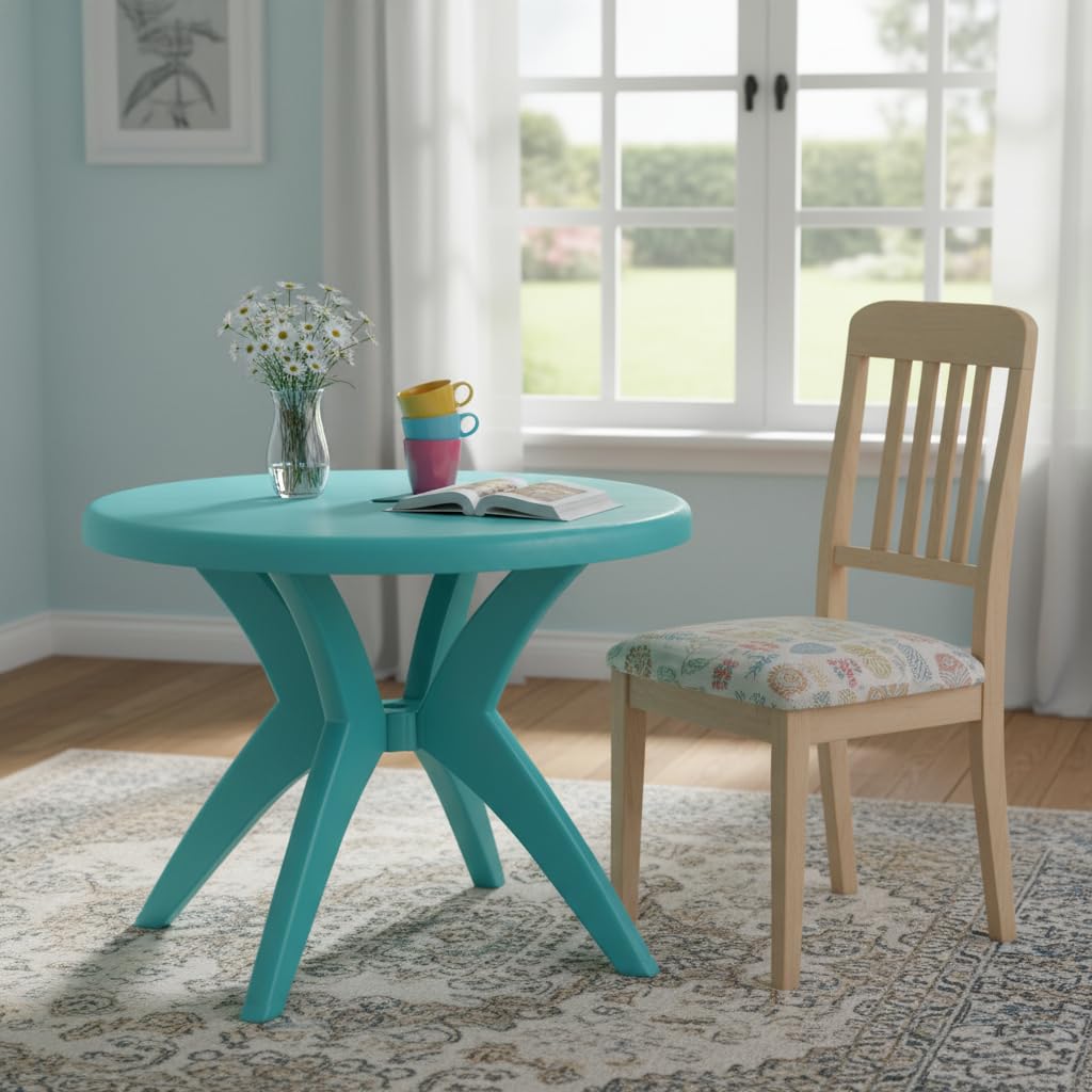 skyglamour supreme marina round plastic dining table| 4 seater plastic dining table for home, garden, cafe, indoor/outdoor use (color: aqua blue)