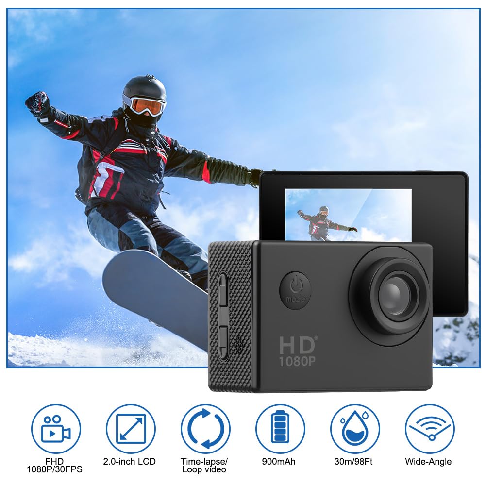 Aolso Caméra Sport 1080P FHD, Etanche 30M Caméra d'action Grand Angle, Action Cam 30FPS avec Écran LCD de 2 Pouces, 140° Camérasous, Incluse Carte SD 32GB et Rechargeables Batteries 900mAh