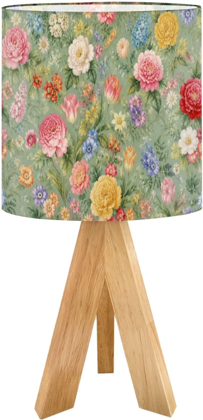 Tripod Bedside Table Lamp for Bedroom Vibrant Floral Bouquet Nightstand Lamps Desk Lamp with Linen Fabric Shade for Nursery Room Living Room Kids Room
