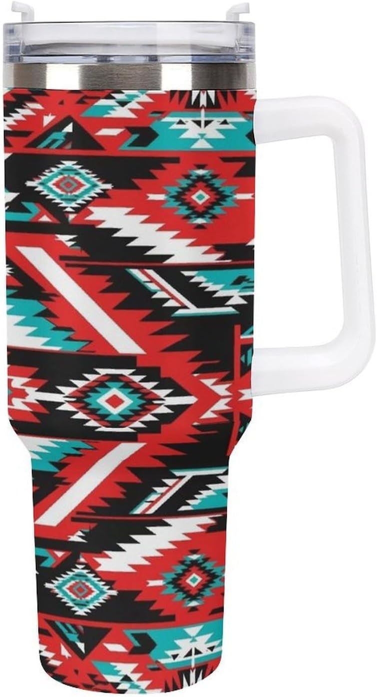 Stainless Steel Insulated Tumbler with Lid and Straw, Portable Geometric Indiana Western Southwest Tribal Ethnic Aztec Red Turquoise Water Bottle, Travel Cup for Water, Iced Tea, Coffee